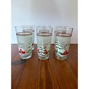 Set of 6 Vintage KIG Indonesia‎ Christmas Tumblers Glasses Frosted Winter Scene